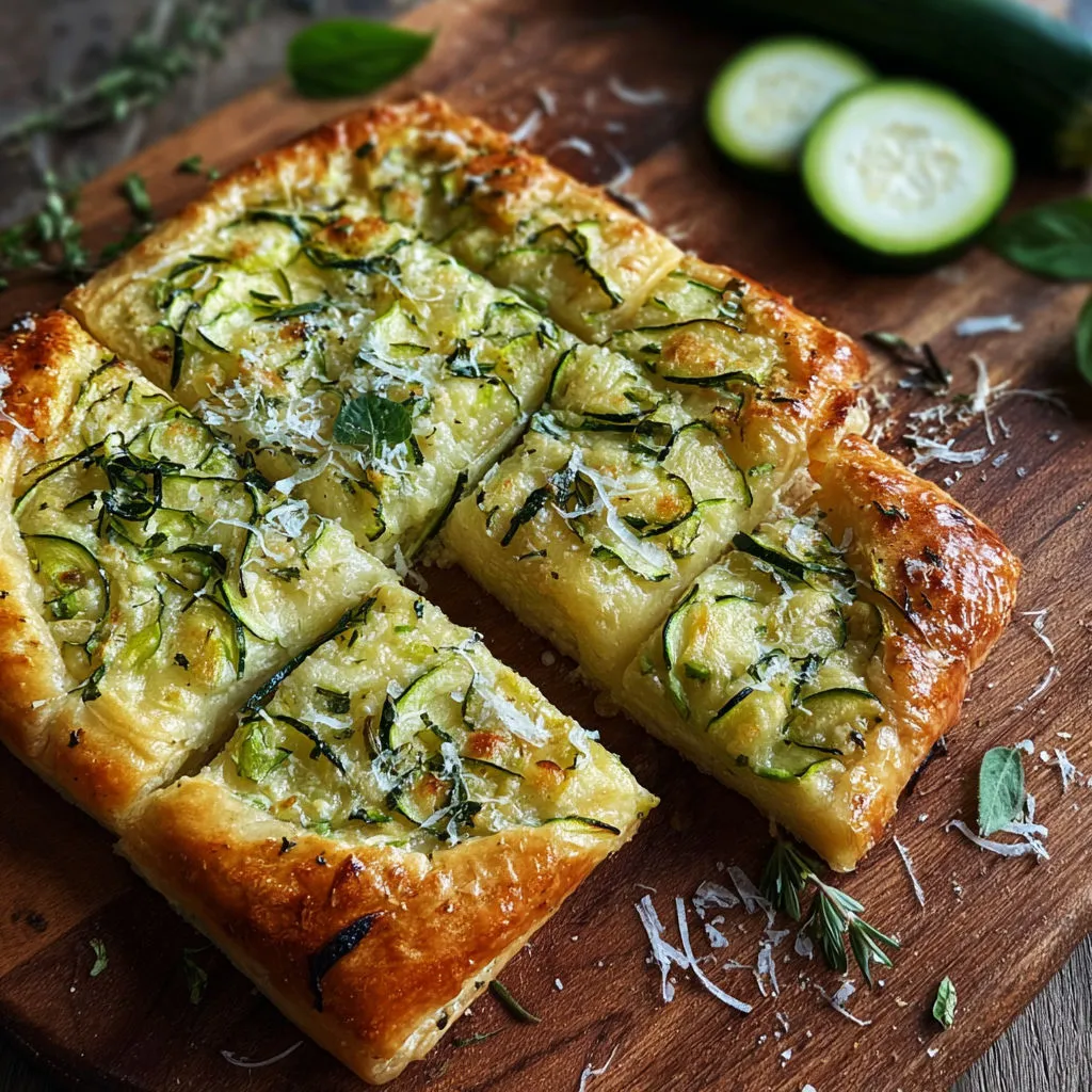Une quiche céleri-fromage sur planche de bois.