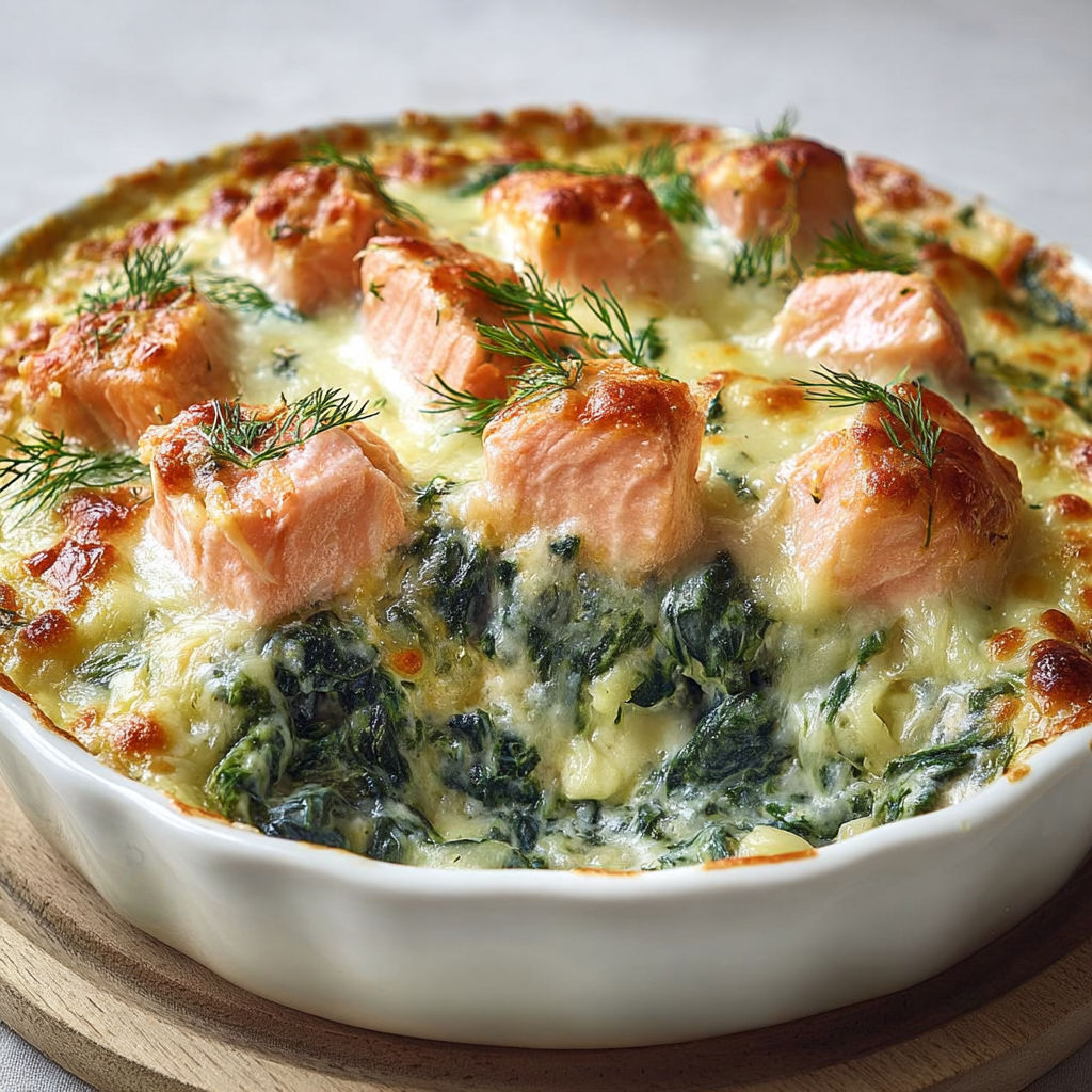 Un gratin mettant en vedette saumon et épinards dans un plat coloré, idéal pour un repas convivial.