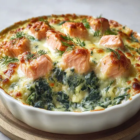 Un gratin mettant en vedette saumon et épinards dans un plat coloré, idéal pour un repas convivial.