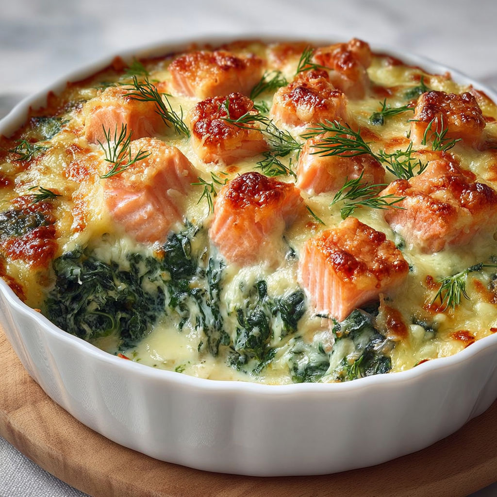 Une tarte aux légumes et saumon, servie dans un bol blanc sur un plateau.