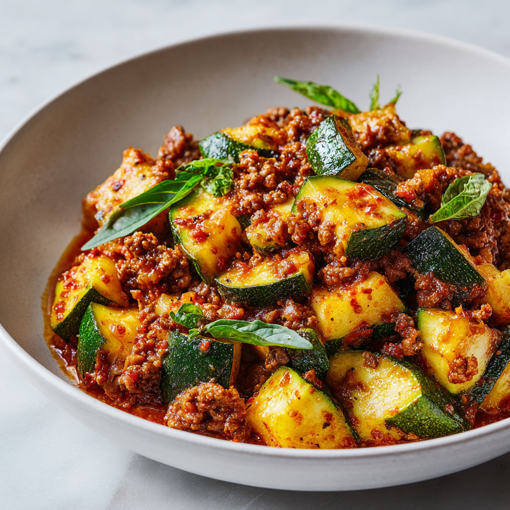 Courgettes Bolognaise fondantes avec herbes fraîches et fromage.