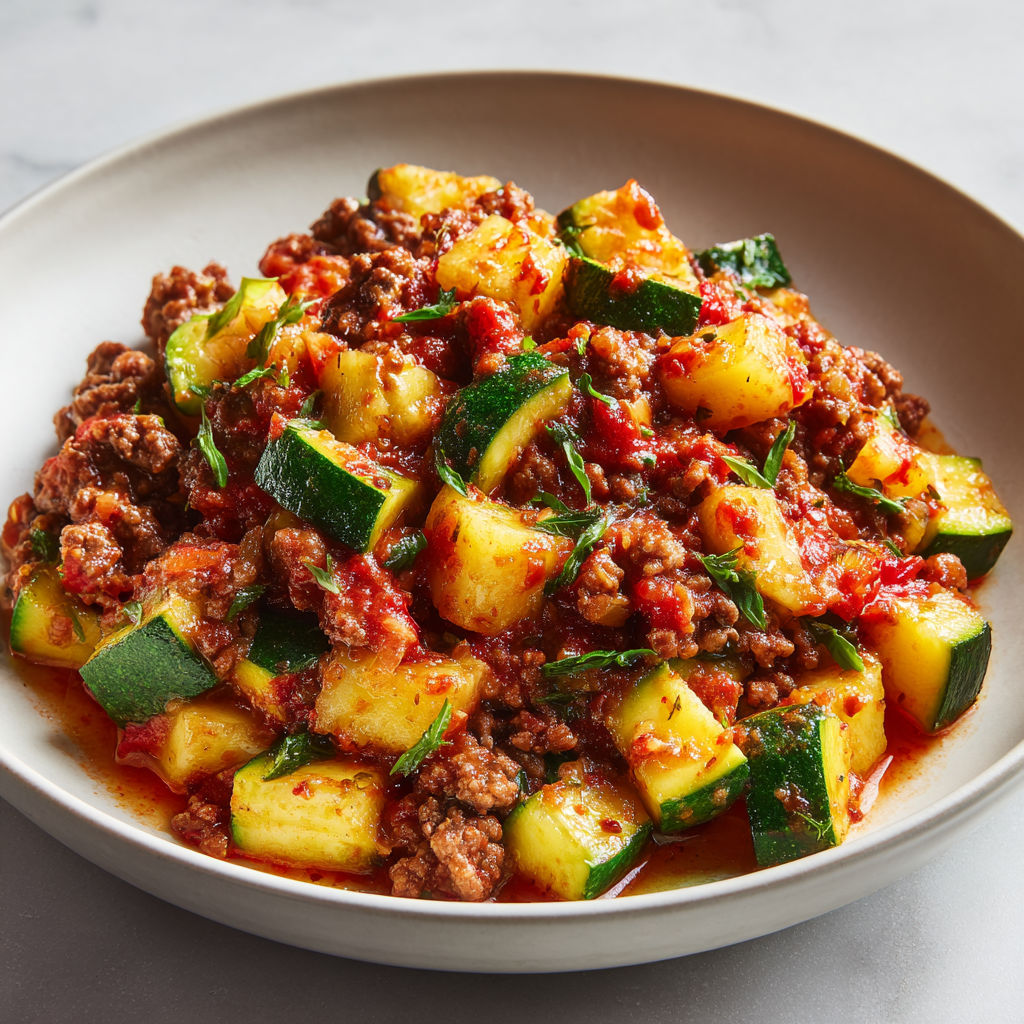 Plat mijoté de légumes et viandes avec courgettes et semoule vu du dessus.