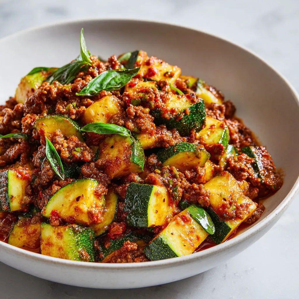 Bol en porcelaine rempli de viande et légumes avec courgettes, aubergines et épinards.