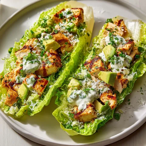 Salade composée à base de romaine, poulet au miel et avocat.