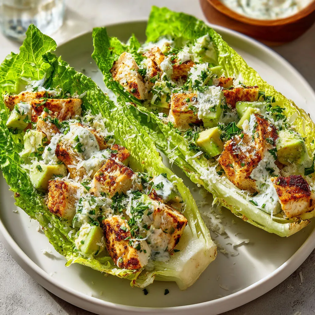 Salade de poulet grillé, avec des légumes verts et herbes fraîches.