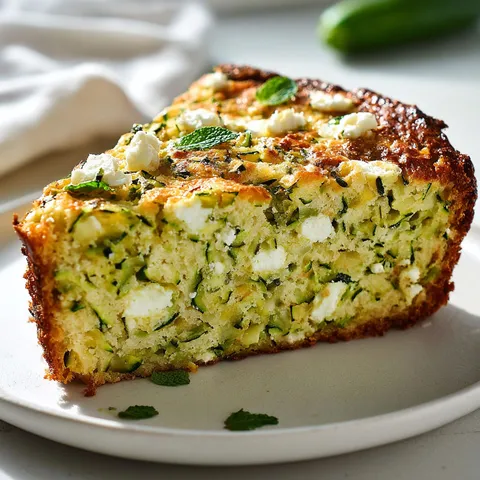 Un cake salé fondant aux courgettes, feta et menthe présenté sur un plateau.