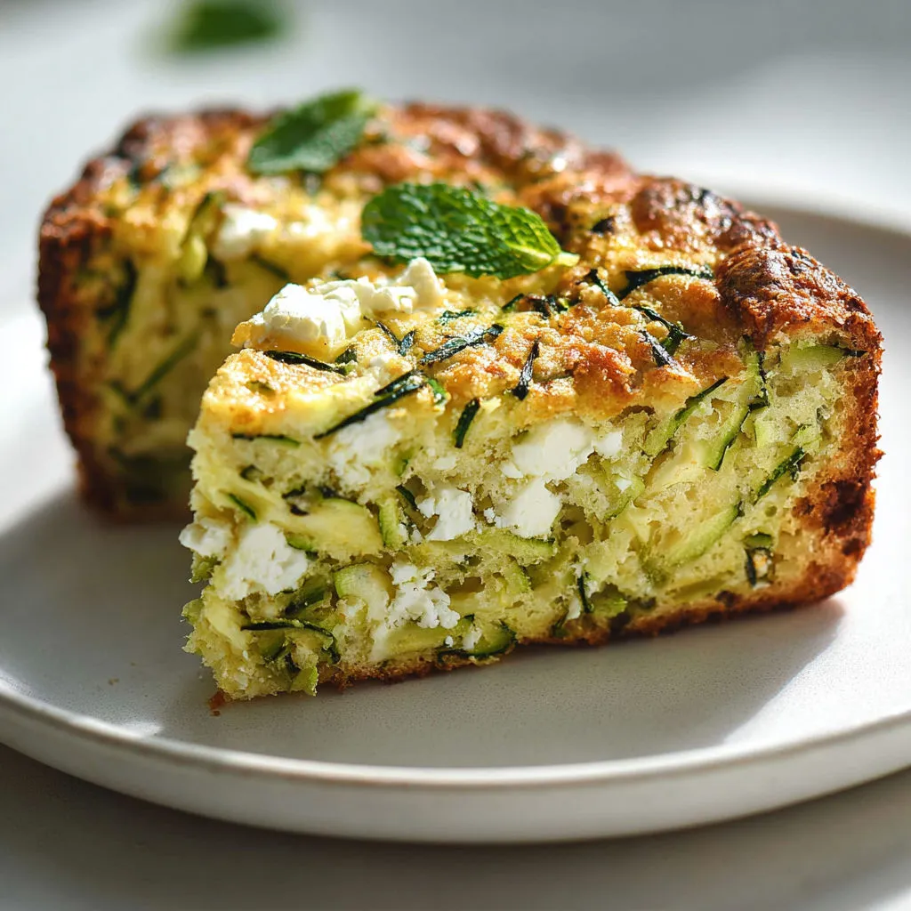 Une part de cake courgette bien verte déposée sur un plateau avec des herbes.
