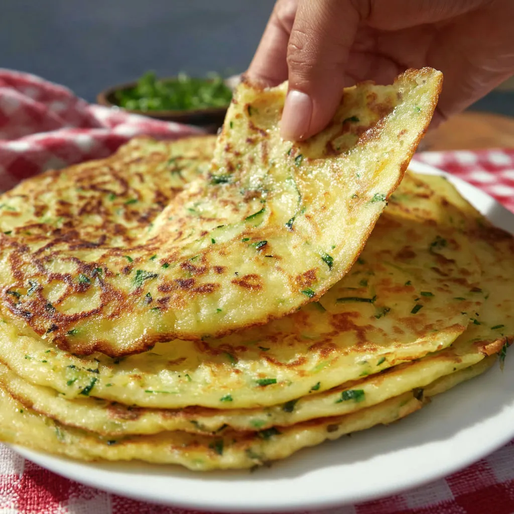 Une main soulève une galette dorée aux légumes sur un plateau.