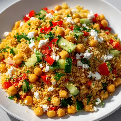 Un plat coloré de couscous avec des légumes comme les carottes et les poivrons, agrémenté de pois chiches.