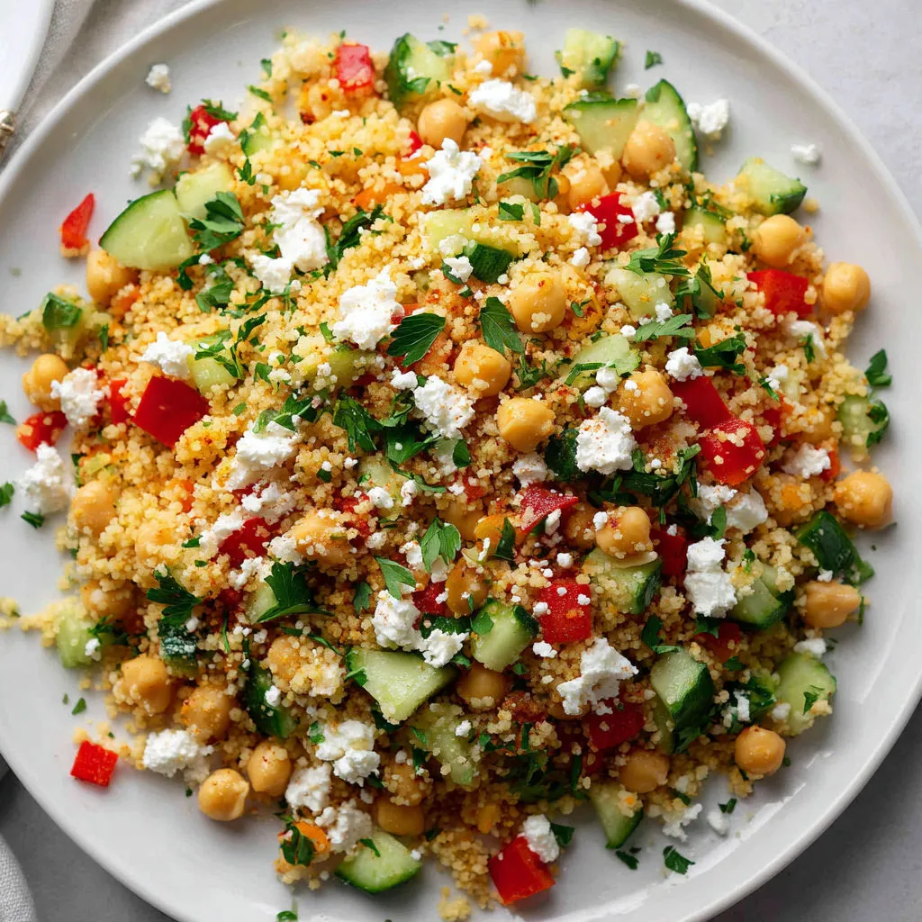 Une belle salade de couscous pleine de légumes variés servie sur un plat en porcelaine.