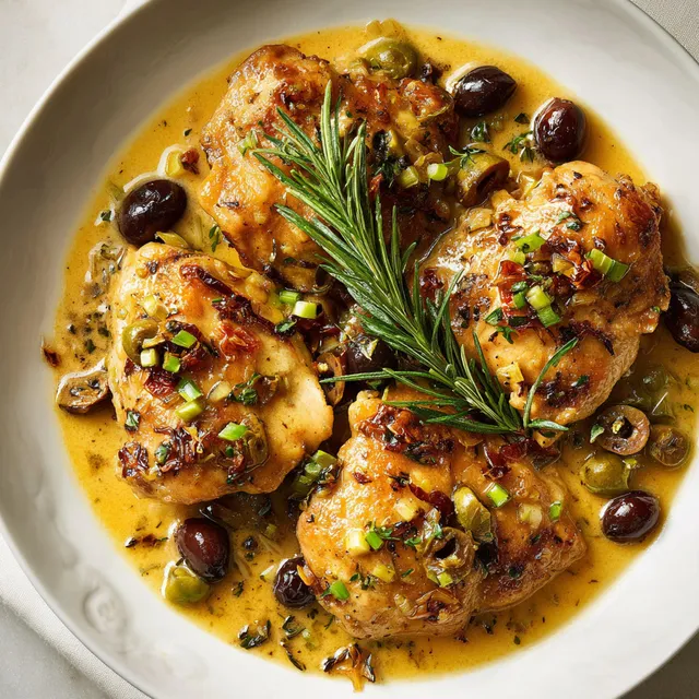 Un plat de poulet toscan servi avec olives et herbes fraîches.