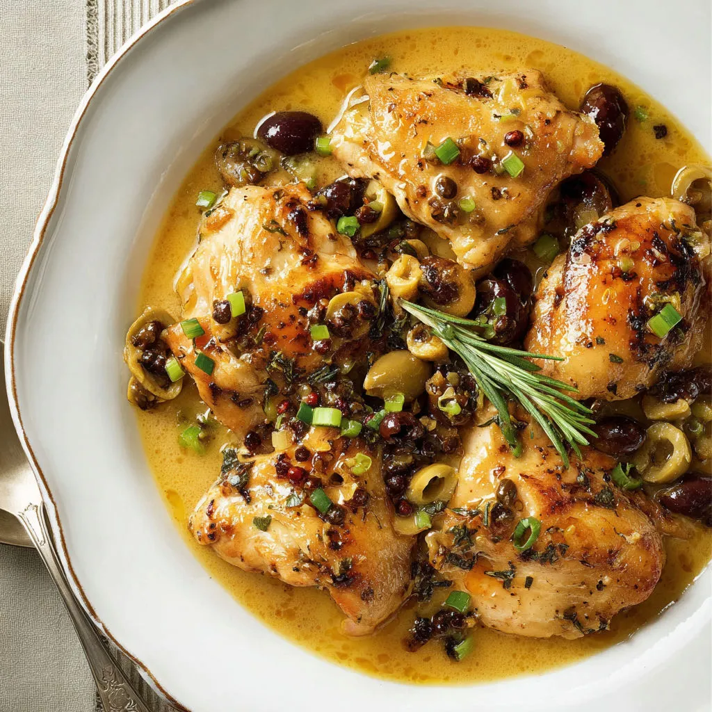 Poulet doré avec légumes et herbes servi dans une assiette blanche.