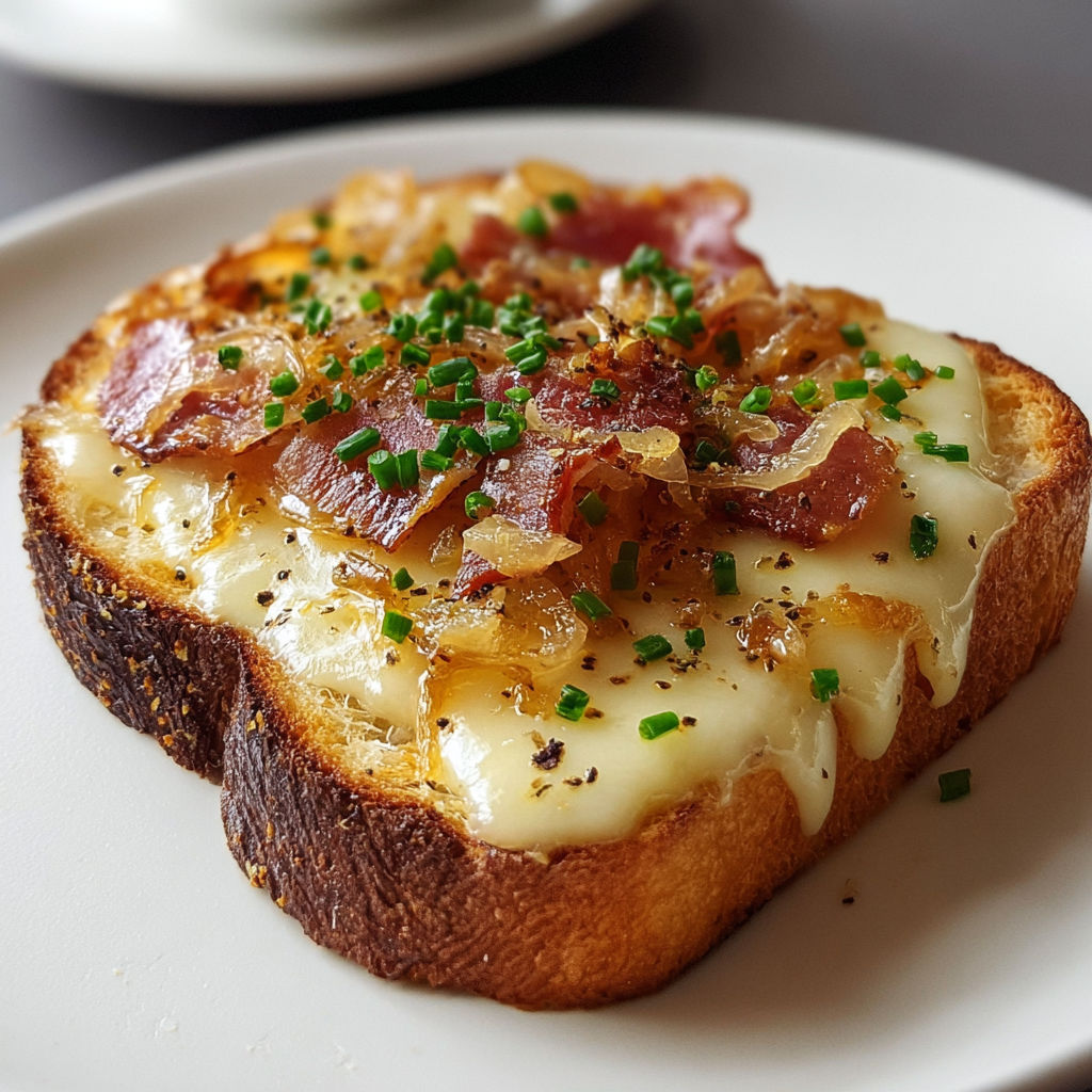 Pain croustillant garni de fromage raclette, lardons et oignons dorés, avec une tasse de café.