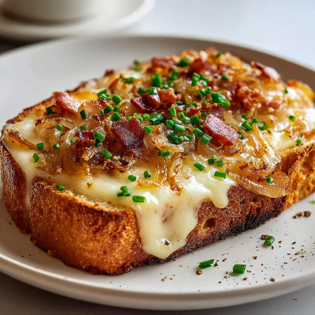 Une croûte fromagère à la savoyarde avec lardons et oignons dorés, posée sur un plat en bois.