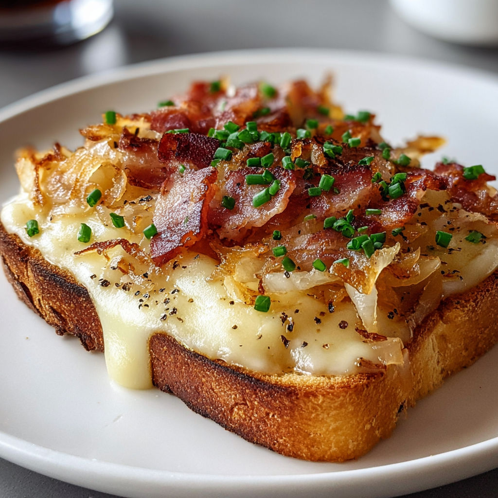 Une tartine de montagne fondante au fromage à raclette, herbes fraîches et lardons dorés sur une planche.