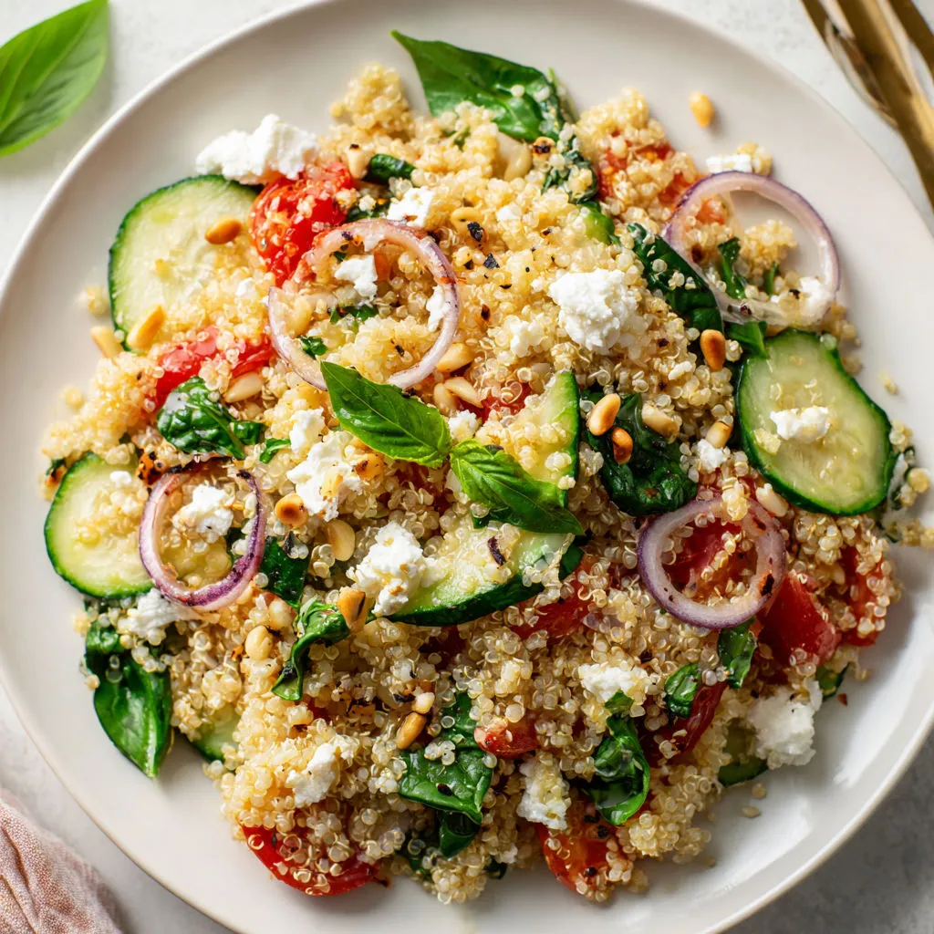 Un plat coloré de quinoa avec ricotta, épinards et oignons rouges.