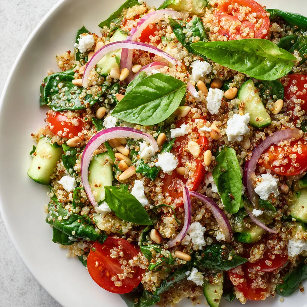 Salade fraîche de quinoa aux légumes râpés, tomates, concombres, quinoa, basilic et noix de cajou.