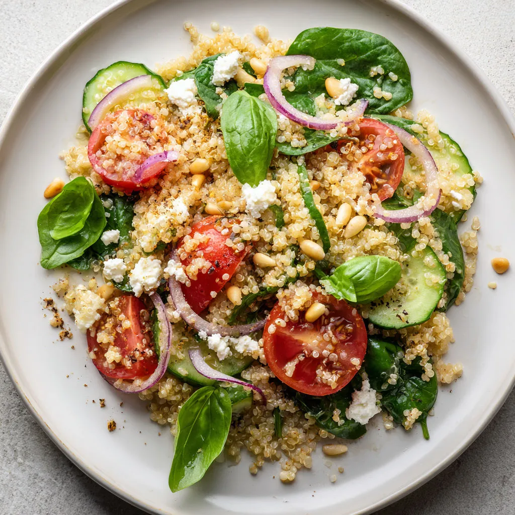Salade croquante de quinoa, pousses d’épinards et ricotta.