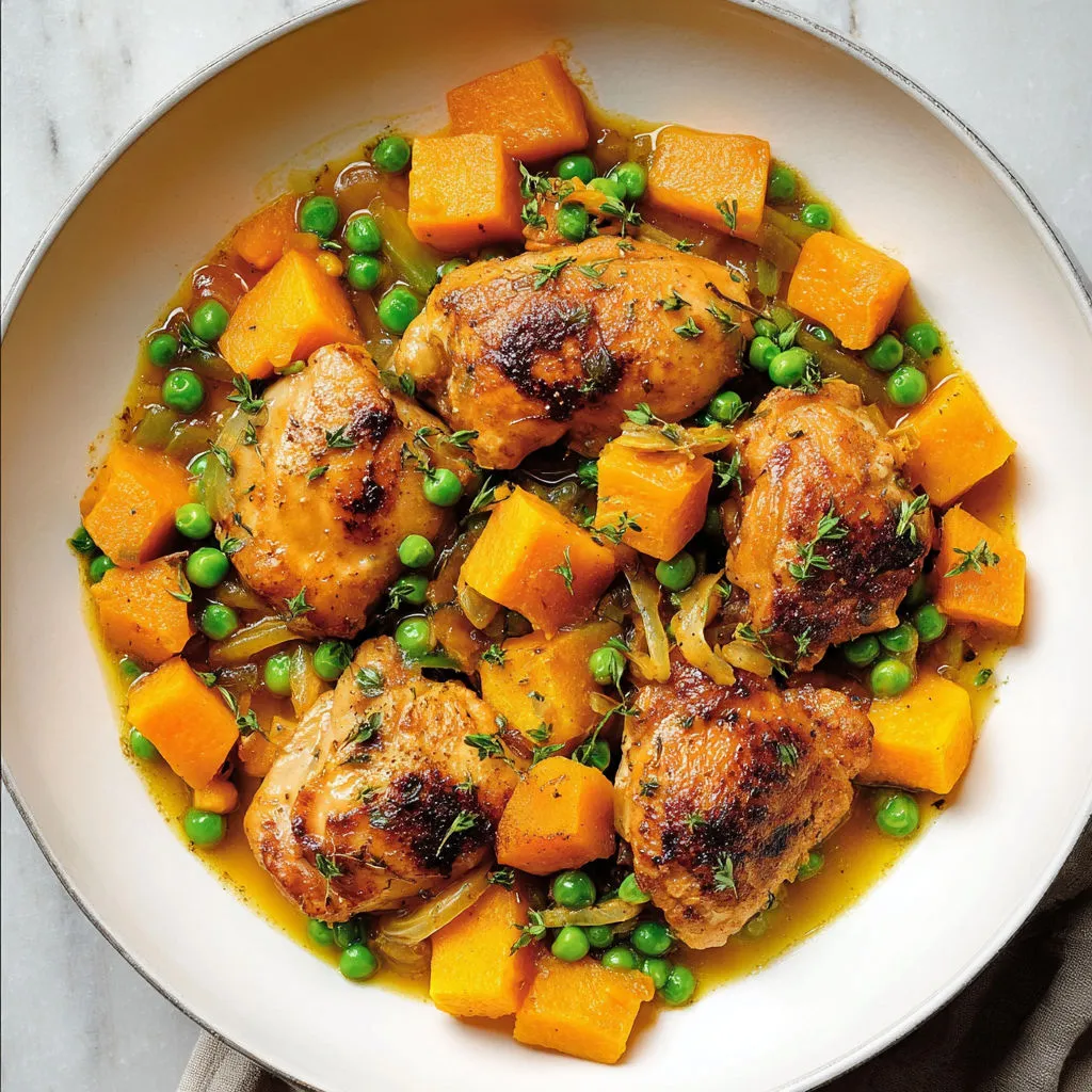 Un plat de poulet tendre mijoté avec légumes, pommes de terre et une touche d’ail doux.