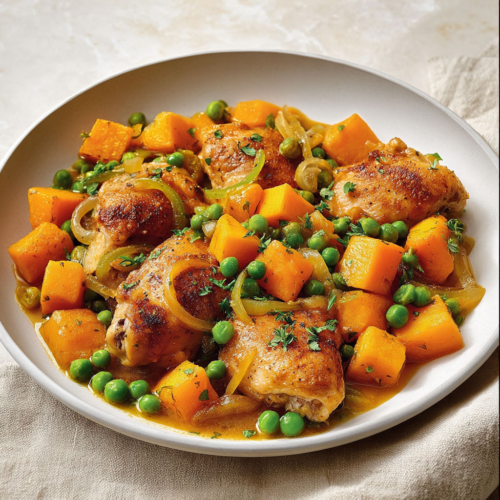 Assiette de haut de cuisse au cidre, courge et fleur d’ail bien dorée.