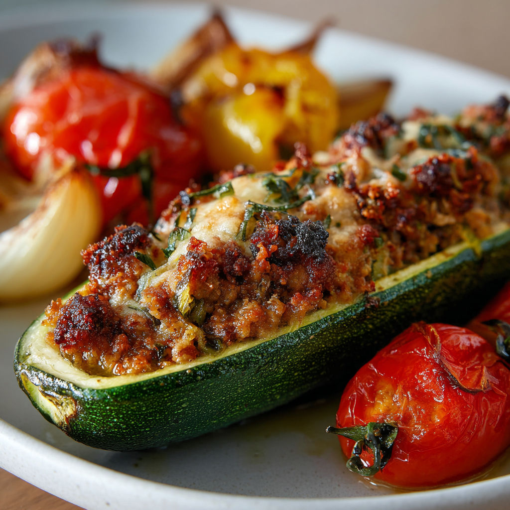 Courgette généreusement farcie au veau et parmesan, avec des légumes grillés.