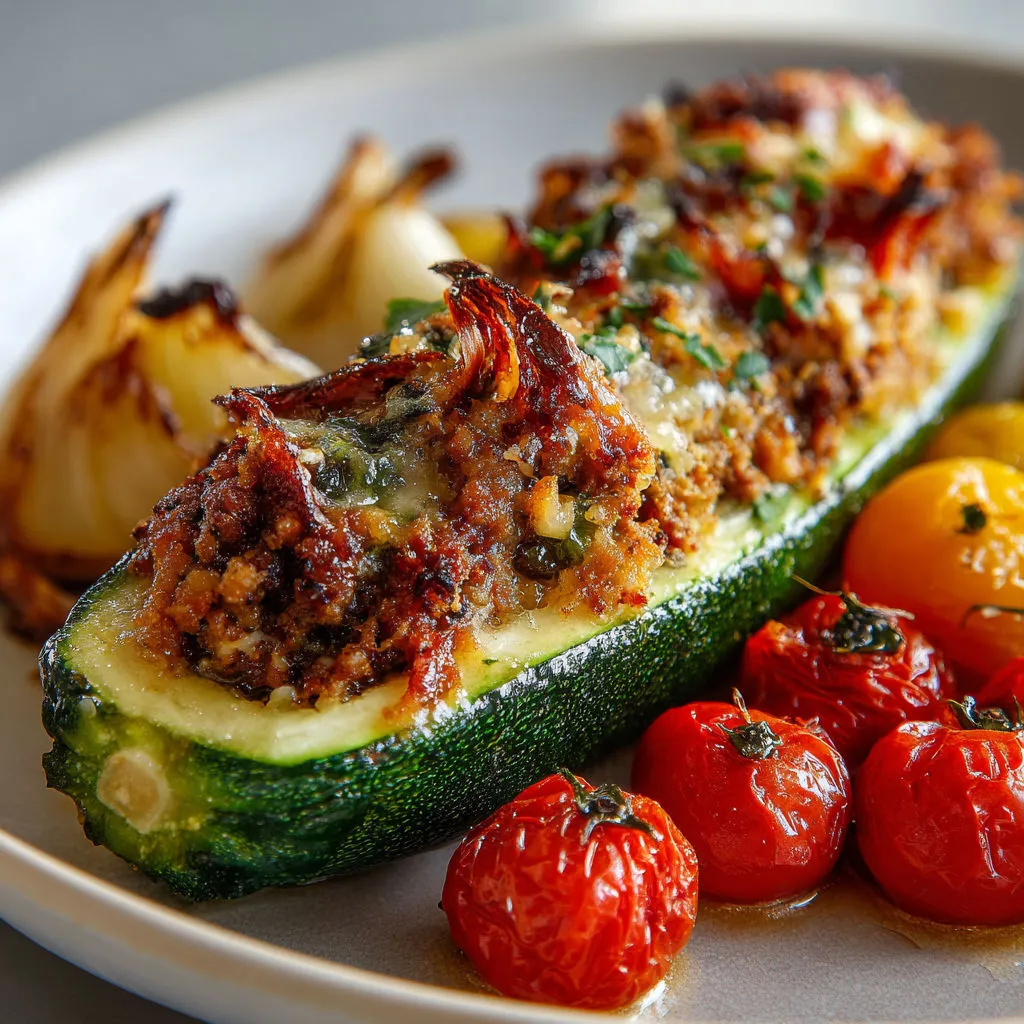 Courgette garnie au veau et au parmesan, accompagnée de petites tomates et de légumes verts.