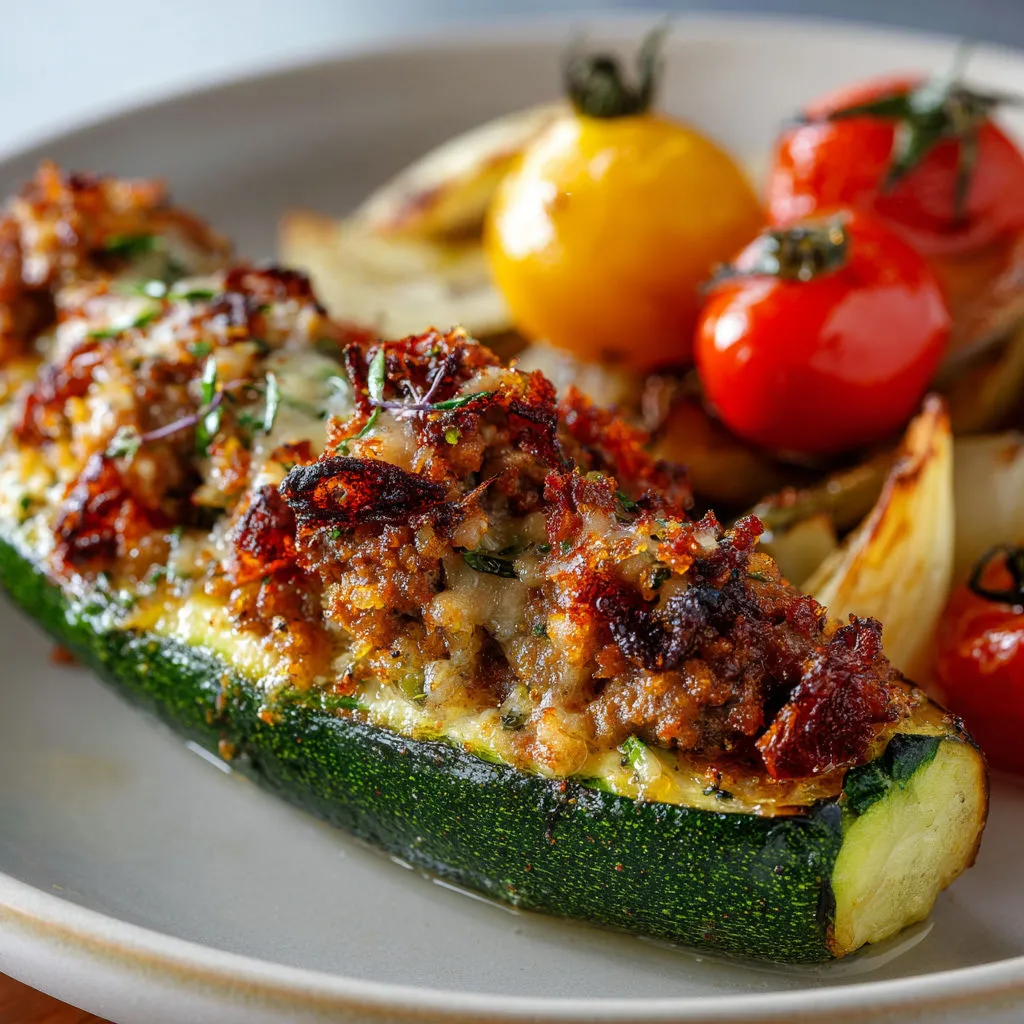 Une assiette avec des légumes colorés grillés, dont courgette, tomate et aubergine, avec une sauce au veau fondant.