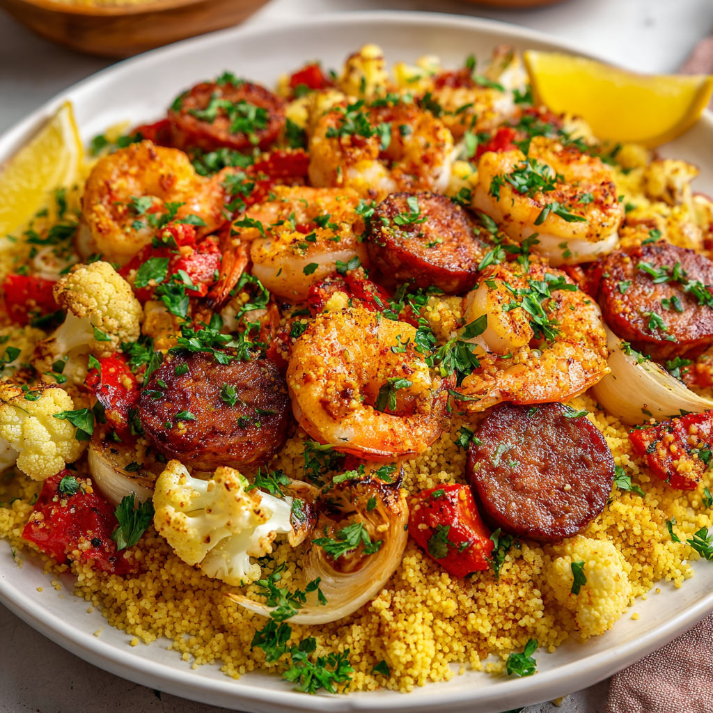 Un plat avec crevettes, merguez et couscous, décoré de légumes parfumés aux épices.