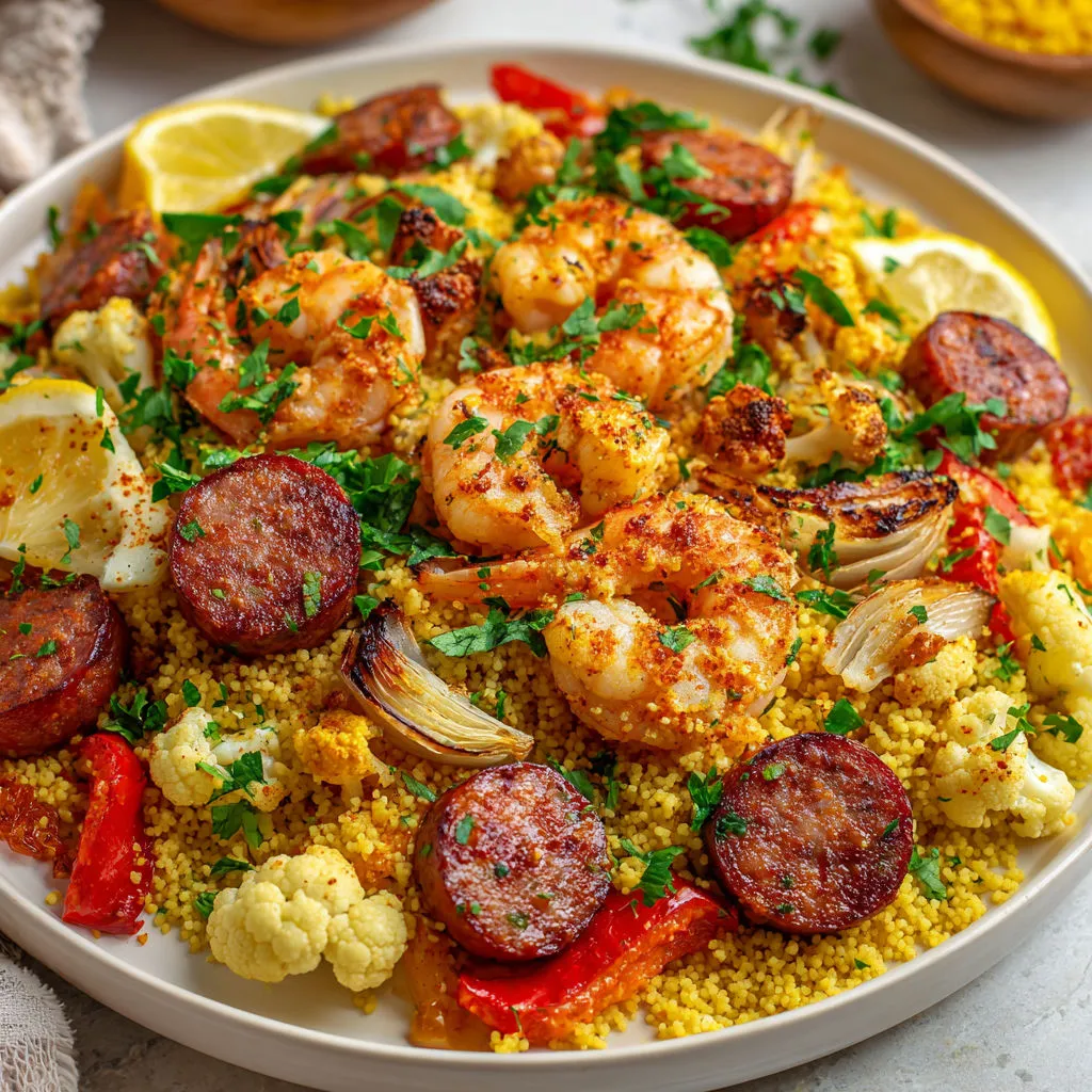 Une assiette bien remplie avec crevettes, merguez et légumes colorés.