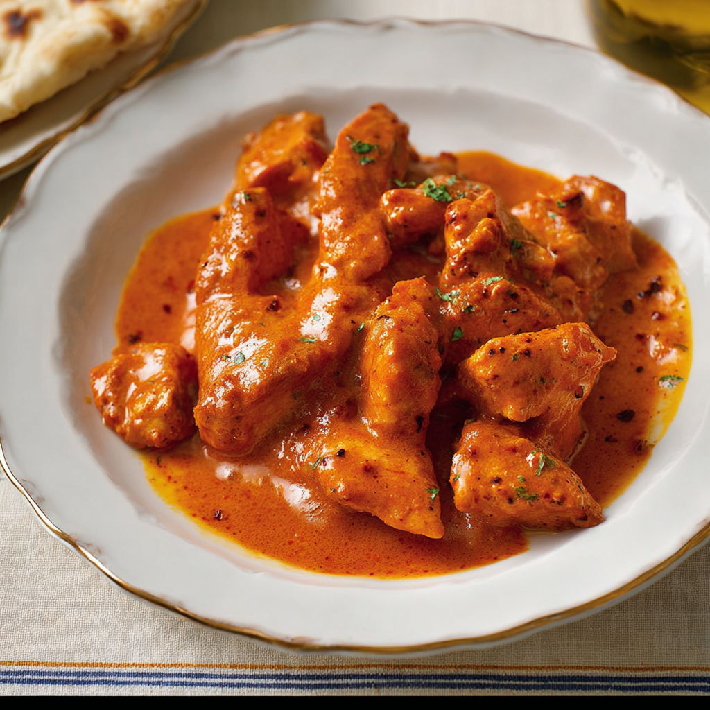 Un plat de poulet mijoté au beurre et cari, avec une sauce rouge riche et des herbes fraîches en décoration.
