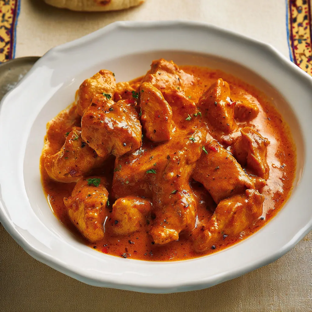Une belle assiette de poulet en sauce tomate posée sur la table.