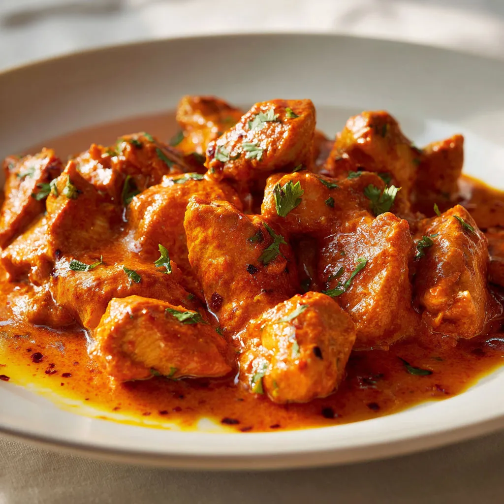 Un plat de curry de poulet servi joliment sur un plateau.