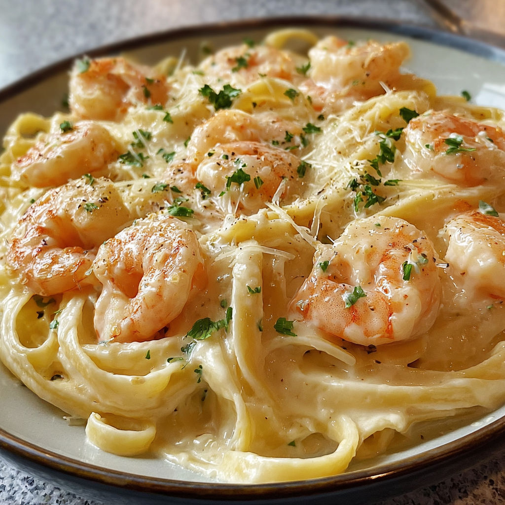 Une assiette de pâtes alfredo aux crevettes savoureuses et crémeuses.