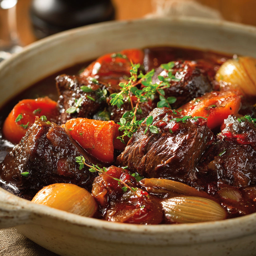 Une grosse cocotte pleine de bouillon avec carottes, oignons et herbes.
