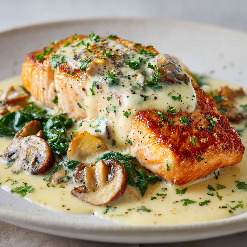 Un filet de saumon grillé avec des champignons et herbes fraîches, nappé d'une sauce crémeuse.