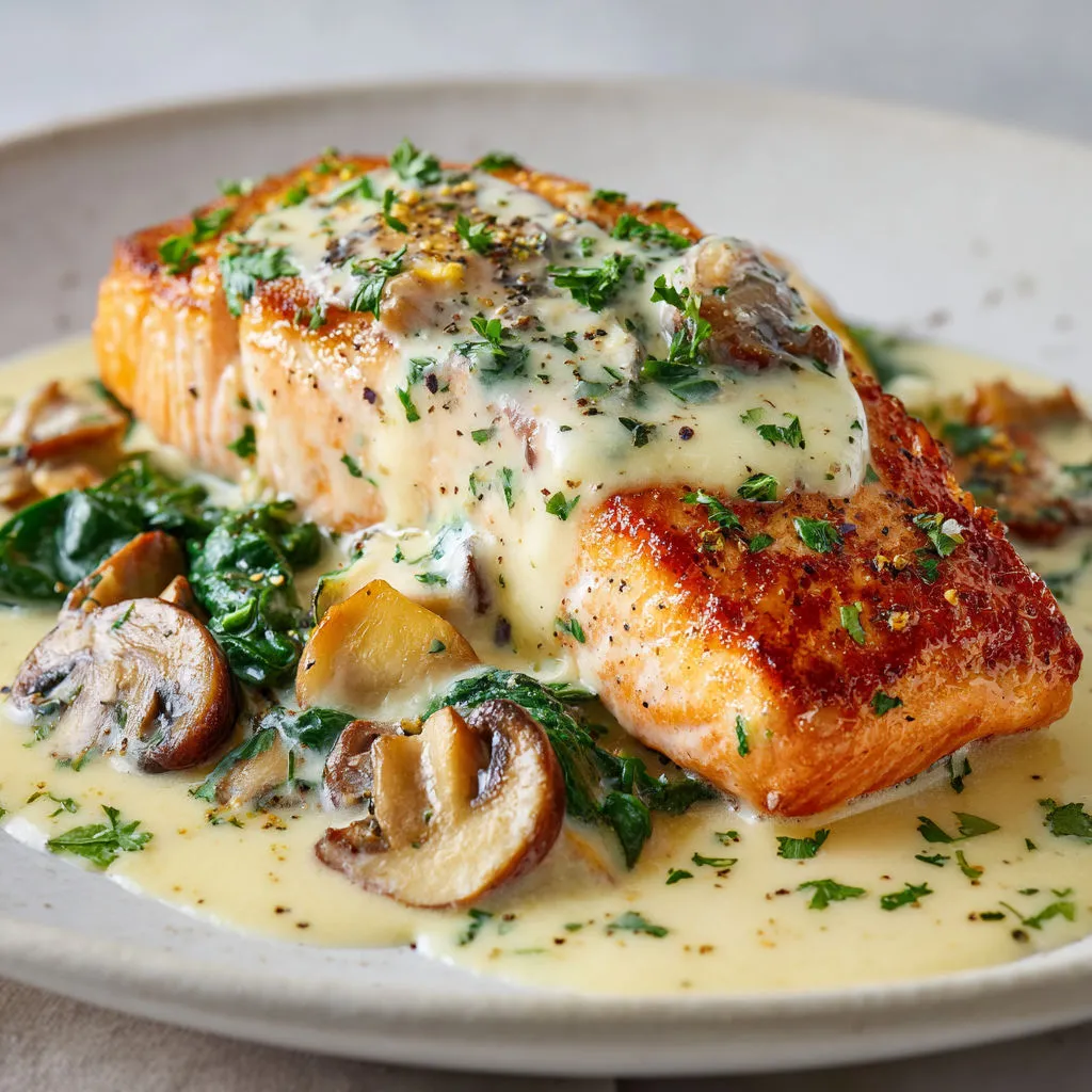 Un filet de saumon grillé avec des champignons et herbes fraîches, nappé d'une sauce crémeuse.