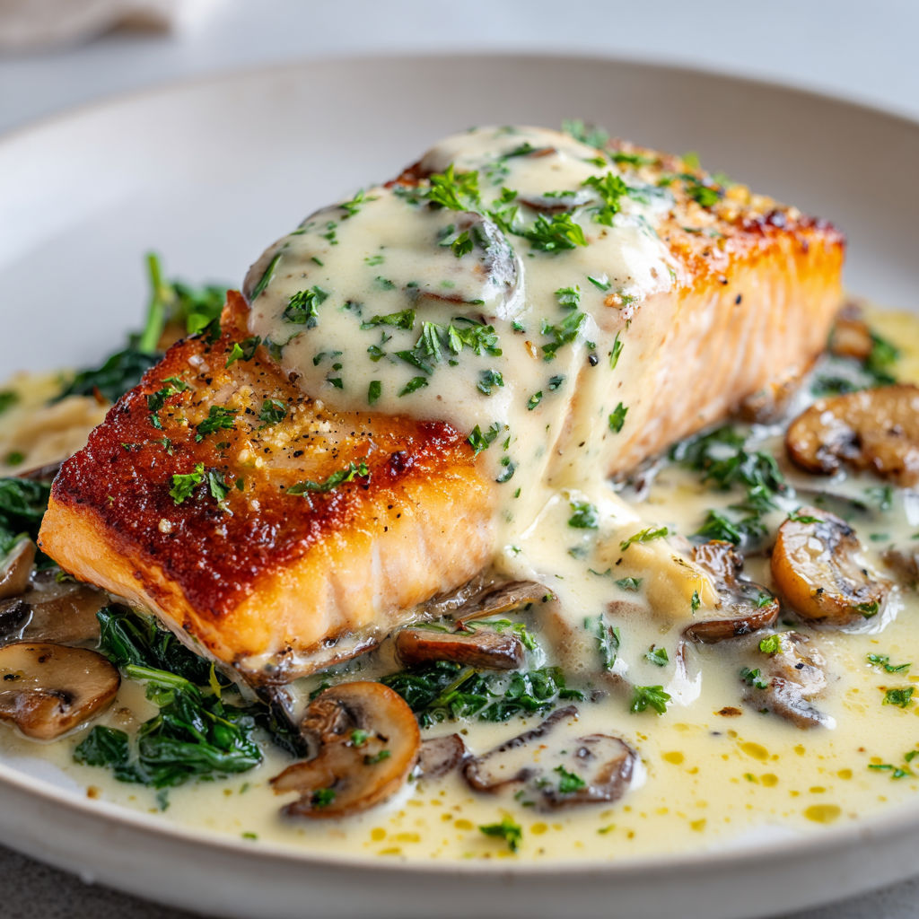 Un pavé de saumon grillé accompagné de champignons et d'herbes, le tout nappé d'une sauce crémeuse.