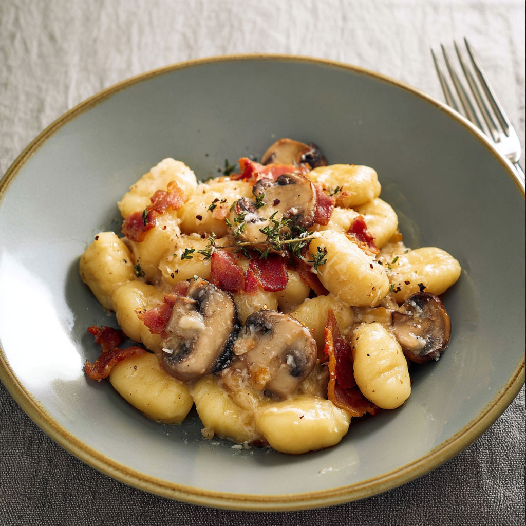 Une assiette de pâtes aux champignons et bacon, avec une fourchette et une cuillère dessous.