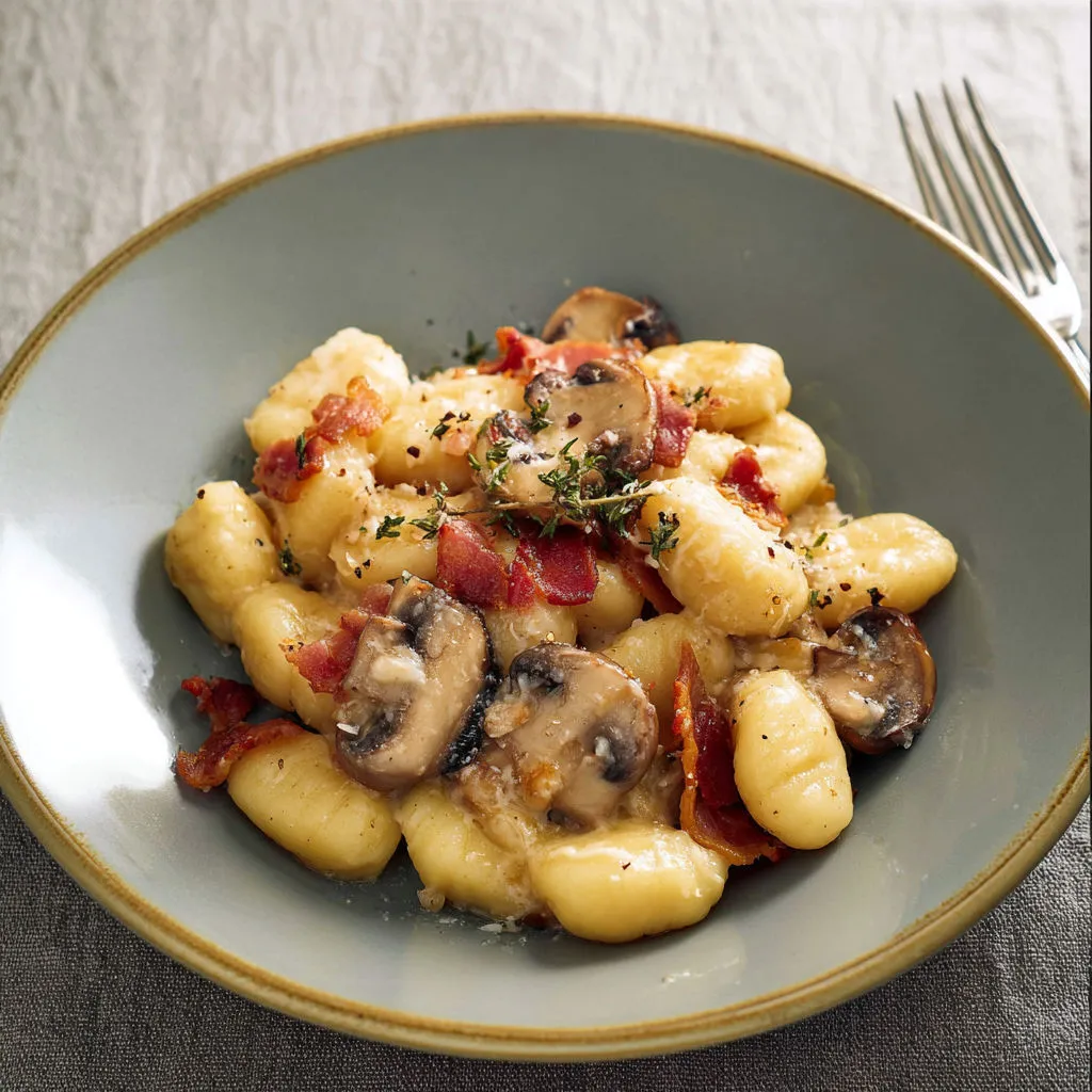 Une assiette de pâtes aux champignons et bacon, avec une fourchette et une cuillère dessous.