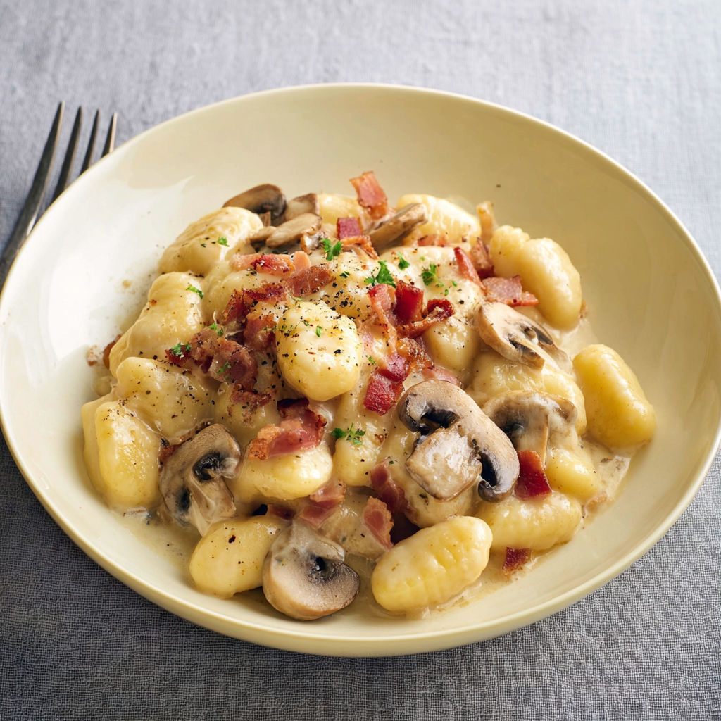 Une assiette de pâtes au bacon et champignons, posée à côté d’une fourchette.