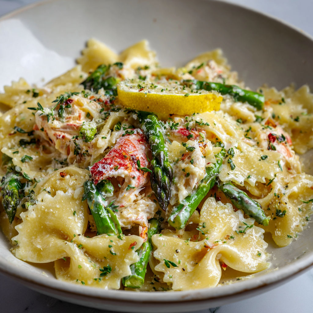 Un plat de pâtes au crabe avec citron et asperges servi sur une table.