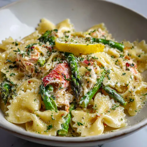 Un plat de pâtes au crabe avec citron et asperges servi sur une table.