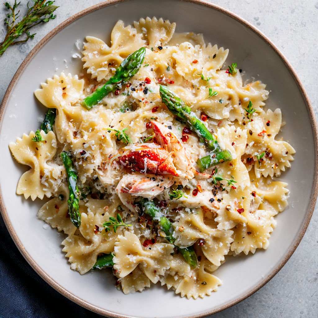 Bol de macaroni avec asperges, crevettes, sauce fromagère et une pointe de paprika.
