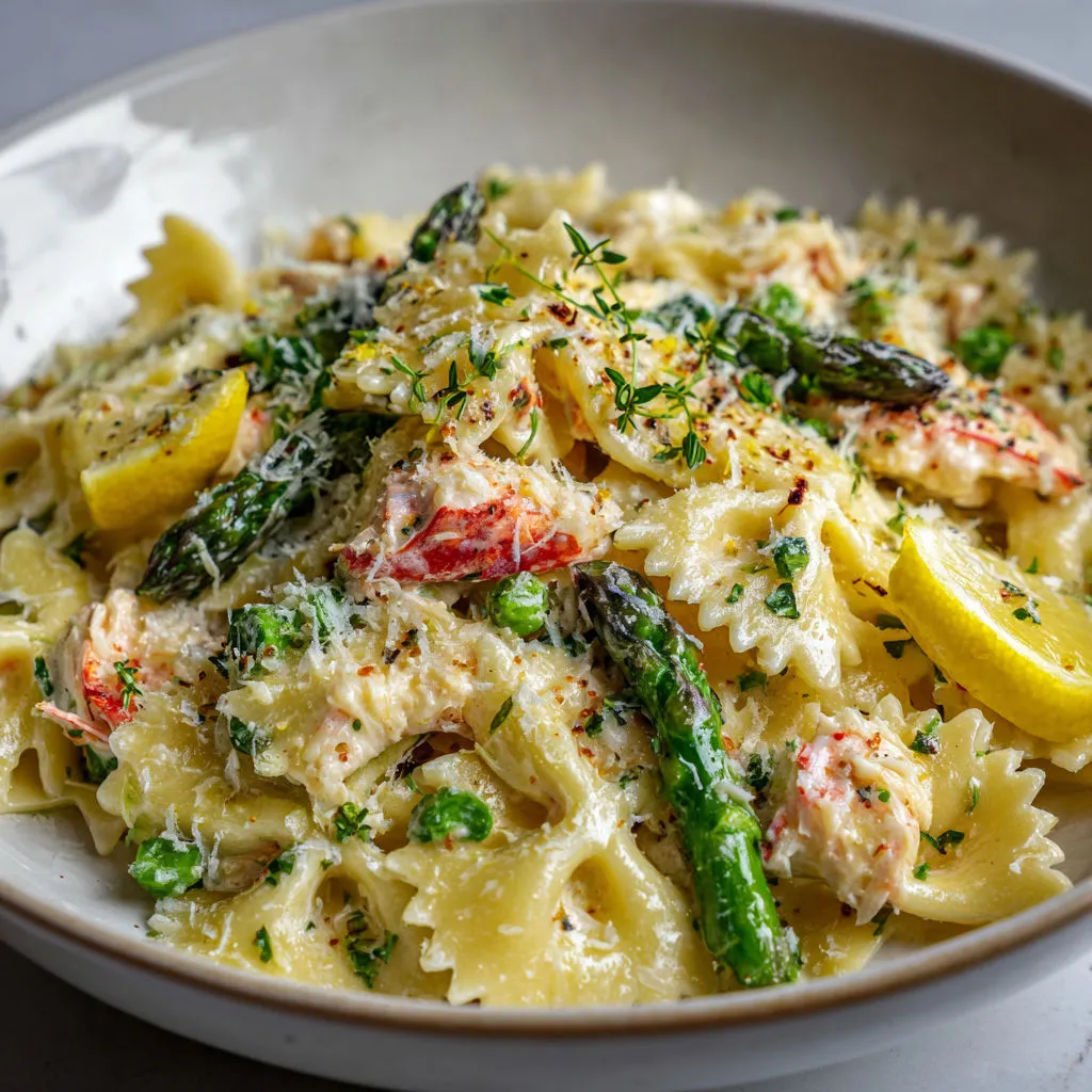 Bol de penne crémeuses au crabe et asperges.