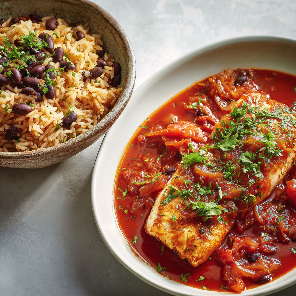 Une assiette de poisson, légumes et riz coloré.