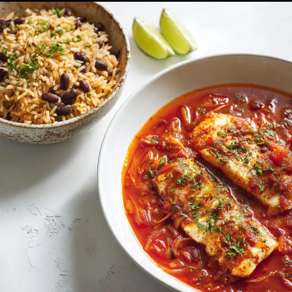 Un plat de poisson et riz servi sur une table claire.