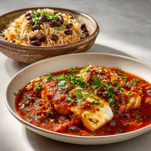 Plat mexicain avec poisson en sauce tomate et riz.