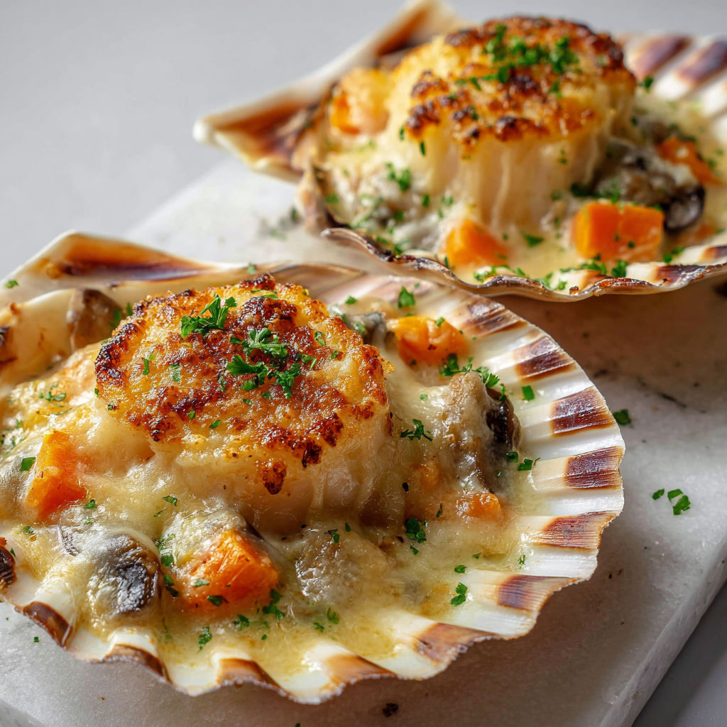 Saint-Jacques Champignons Gratin, portions fraîches présentées sur un joli plateau en marbre.