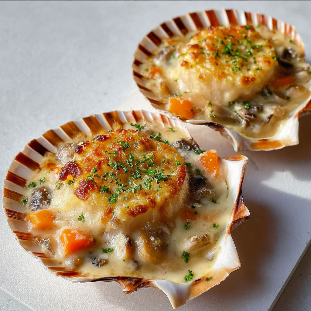 Gratin de Saint-Jacques, champignons, légumes fondants, deux parts bien servies sur un plateau.