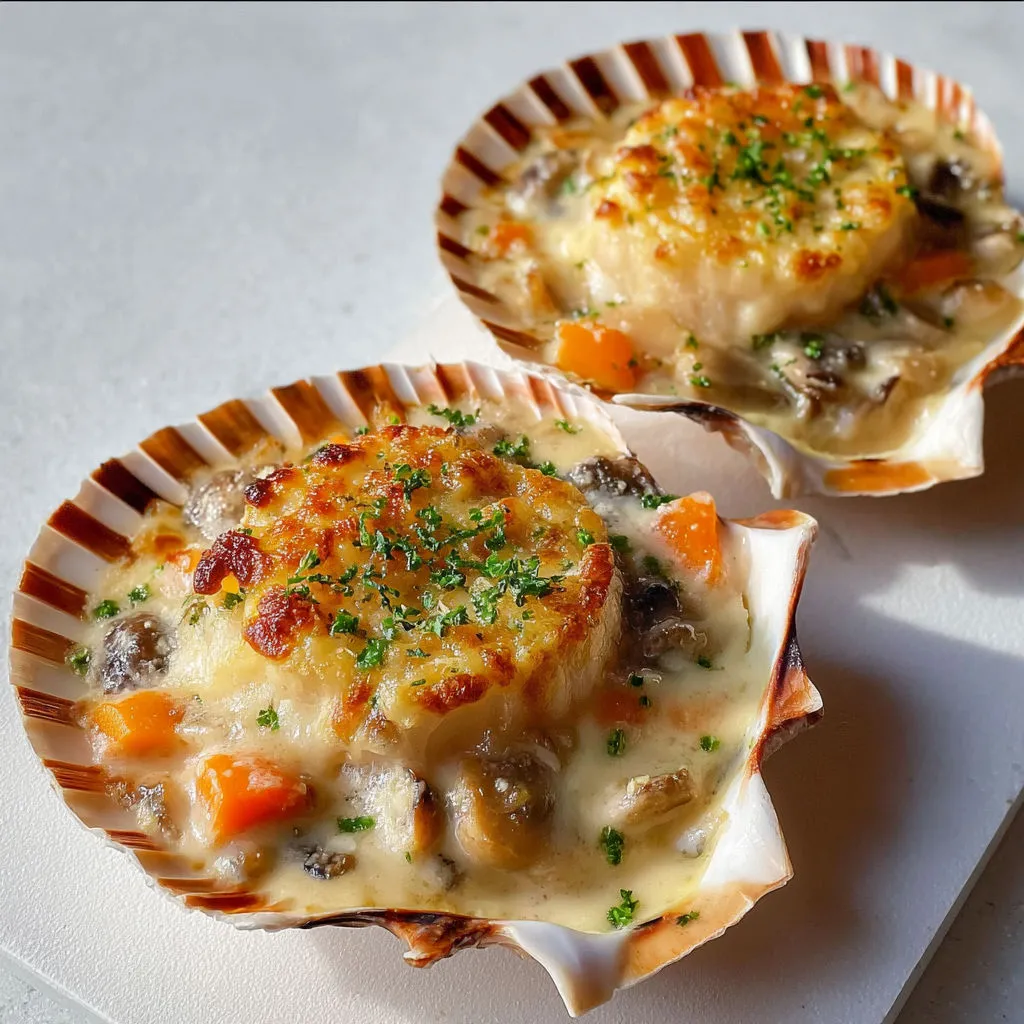 Gratin de Saint-Jacques, champignons, légumes fondants, deux parts bien servies sur un plateau.